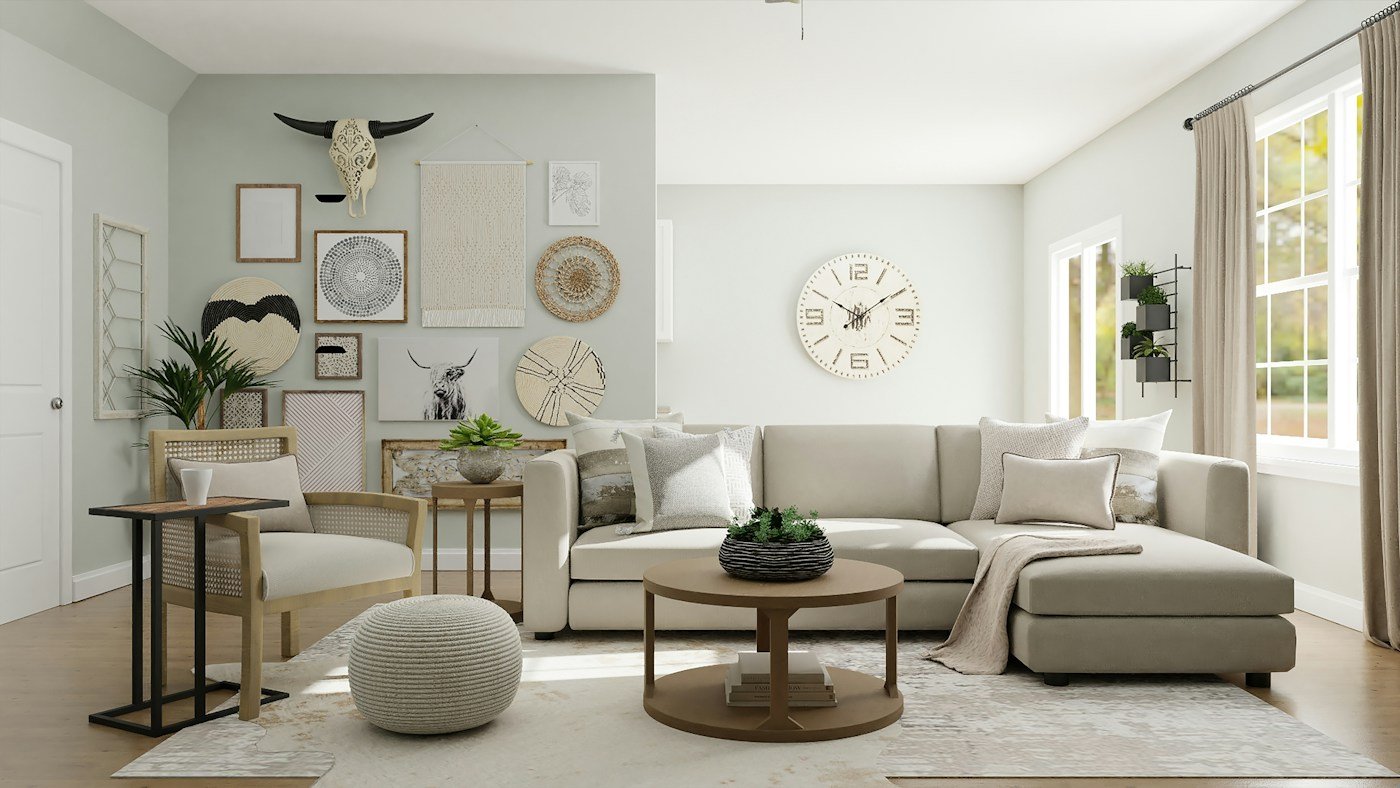 A thoughtfully styled living room with natural textures